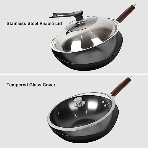 Cast Iron Flat Bottom Wok, Handmade Woks and Stir Fry Pans Non Stick Cookware Pot with Wooden Handle for Gas Cookware,30cm,Glass Lid (32cm Stainless Steel Lid)