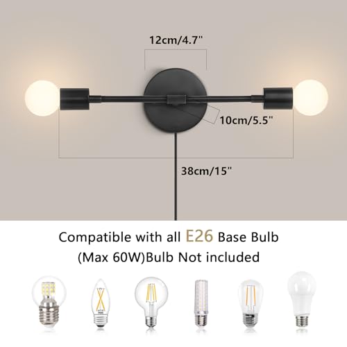 Image of KCO Lighting Plug in Black Wall Sconce 2 Light Vanity Light Fixture Slim Wall Sconce Plug in Vintage Wall Lamps for Living Room Bedroom
