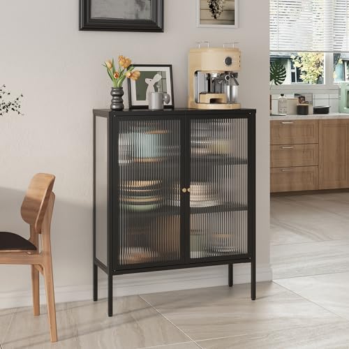 [en.casa] Vitrina Vinterhavn Aparador para salón con Estante 2 Puertas de Cristal Templado 3 Compartimentos Cerrados Mueble Auxiliar para Comedor Oficina Acero 100 x 80 x 30 cm - Negro