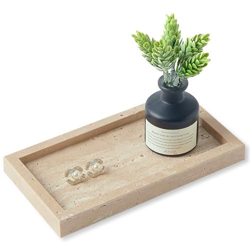 Natural Small Travertine Vanity Tray Luxury Stone Organizer for Bathroom & Kitchen | Holds Soap Dispenser Jewelry Perfume | Non-Resin Non-Ceramic Dcor