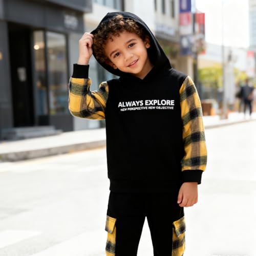 Image of OLMRJKD Toddler Baby Boy Clothes Plaid Long Sleeve Hoodie Sweatshirt + Pants 2pcs Boys Outfit Set