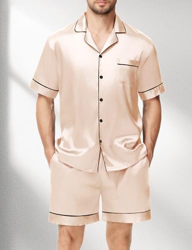 Silk Matching Pajamas Set for Couples Women Men Stain Short Sleeve Sleepwear Button Down 2 Pcs Pjs Sets S-3XL3