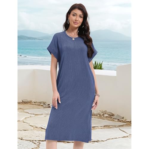 Image of Womens Casual T Shirt Dress Summer Fall Crewneck Loose Fit Side Split Knee Length Dress Ribbed Pattern with Pockets