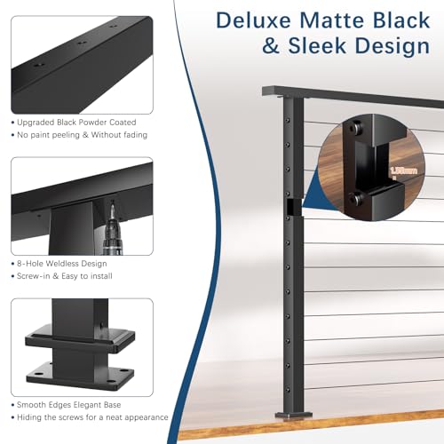 Image of 42 inch Swageless Black Cable Railing Post, T304 Stainless Steel Level Drilled Line Post for Deck Railing System, Upgraded Black Powder Coated Wire Metal Deck Post for Indoor Outdoor Porch Balcony