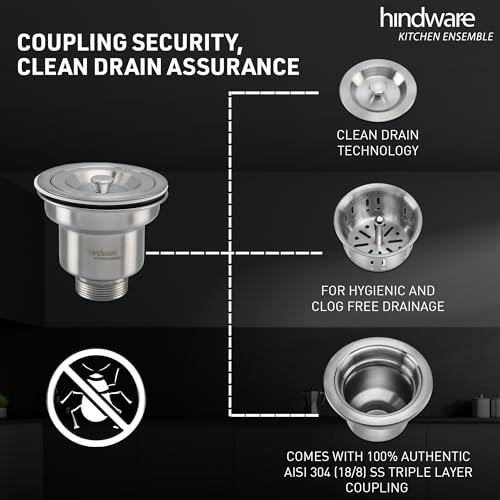 Image of Hindware Kitchen Sink 35 inchx35 inchx9 inch | 304 Grade Stainless Steel | Handmade Single Bowl Sink with Accessories includes- Soap Dispanser, Pullout Faucet, Bottle Trap Connector & Chopping Board (Octavius)