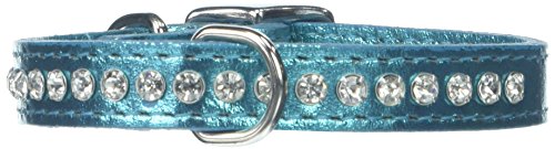 Image of Signature Leather Crystal Dog Collar, Metallic Turquoise Solid Grain Leather, Fits 7.5 inch-9.5 inch Neck Size, 12 inch Overall Length