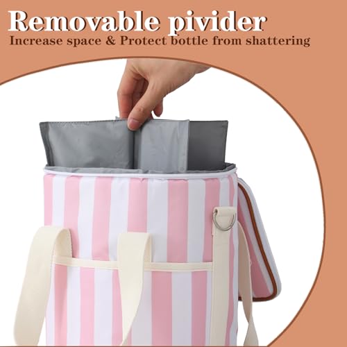 EMBRUNIOICE 4 Bottle Wine Tote Bag - Leakproof & Insulated Wine Carrier Travel Padded Wine Cooler Bag with Adjustable Strap, Picnics, Beach & Parties, Stylish Gift for Wine Lovers (Pink Stripe) - Thumbnail 6