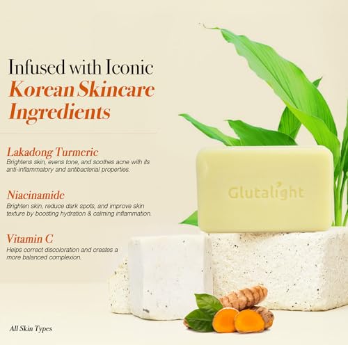 Glutalight Glutathione Lakadong Turmeric Soap For Face & Body | Korean Skincare with Niacinamide, Vitamin C | Tan Removal Soap | Fades Hyperpigmentation| Haldi Sabun For Hydrated Skin| Pack Of 1