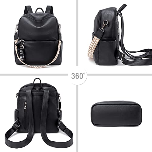 Suweir Rucksack Damen Klein - 2 in 1 Rucksacktasche Leder PU Schultertasche Schulrucksack Wasserdicht Lederrucksack Anti Diebstahl Tagesrucksack für Reisen, Arbeit, Schule (Schwarz)