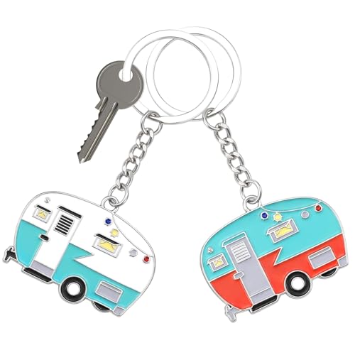 Image of Thinp 2 Pieces Camper Keychain, RV Camper Keyring Accessories for Travel Trailers Enameled Metal Retro Camping Car Keychain