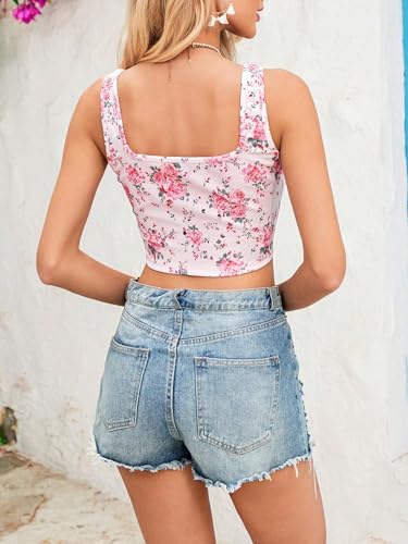 Image of mikuchiku Women's Floral Corset Tank Top, Printed, Sleeveless Crop Top