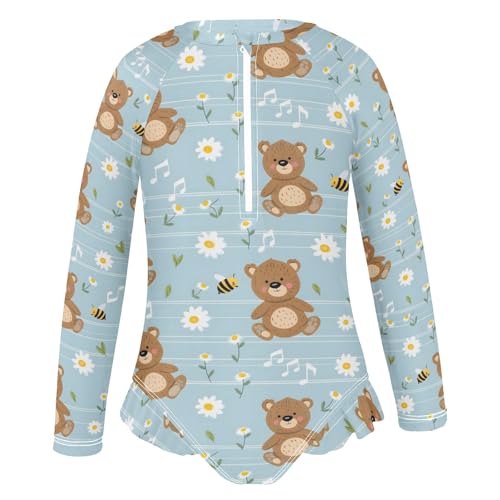 Cute Bears Daisy Music Notes Girls Long Sleeve Swimsuit Rash Guard One Piece Bathing Suits Zipper 3-12T2