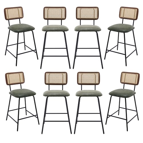 Image of Bar Stools Set of 8, 26 inch Modern Rattan Counter Height Bar Stools with Metal Legs, Upholstered Faux Leather Barstools with Cane Backrest for Kitchen Home Bar Restaurant, Green