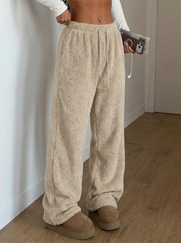 Image of ZAFUL Women's Fuzzy Plush Pajama Pants Wide Leg Pj Bottoms Lounge Pants