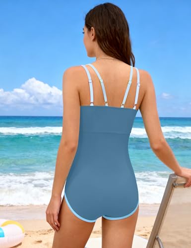Image of BAVADER Girls Swimsuit One Piece Modest Girls Bathing Suit Solid Square Neck Ruched Adjustable Straps Padded Swimwear 9-16y