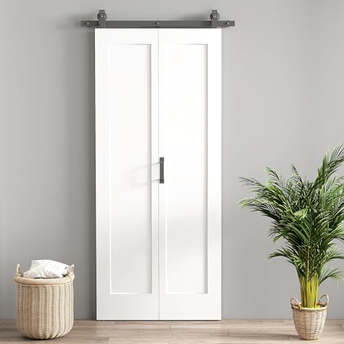 HOMCOM Puerta Corredera con Herrajes Puerta Plegable Corredera con Acabado Personalizable Tirador Fácil Montaje para Baño Salón Sala de Estar Cocina 90x210 cm Blanco