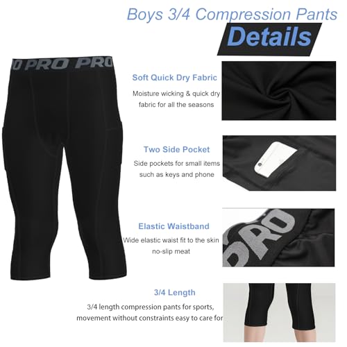 YUSHOW Boys Compression Pants 3/4 Length with Pocket Quick Dry Basketball Tights Boys Leggings for Athletic Running Sports4