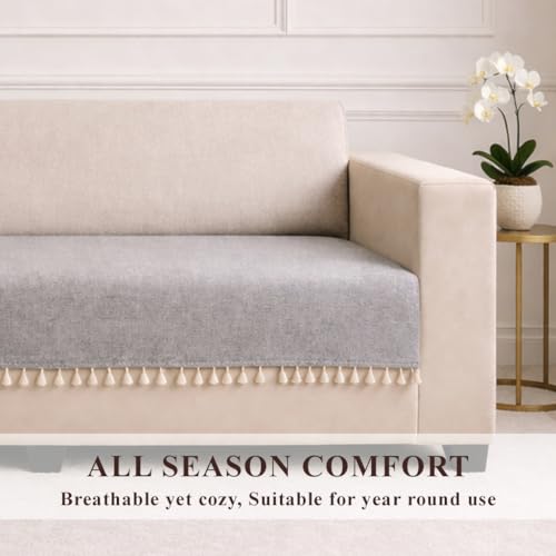 Image of STITCHNEST Jute Sofa Cover - Grey, 24x30 Inch | Soft Textured Fabric with Tassel| Sofa for Living Room Decor