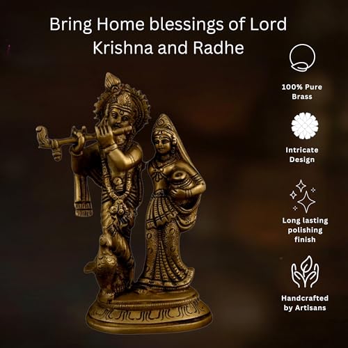 Image of 100% Pure Brass Radha Krishna Murti 15 cm | Radhe Krishna Statue for Pooja Room & Home Temple | Divine Couple Idol for Home Decor | Spiritual Gift Item