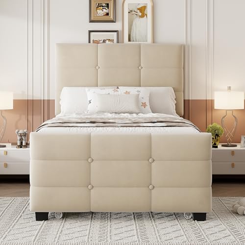 Rosebibi Cama tapizada de 90 x 190 cm con cama nido, cama individual plana, tela de terciopelo agradable para la piel, para niños, cama juvenil, cama de invitados, color beige