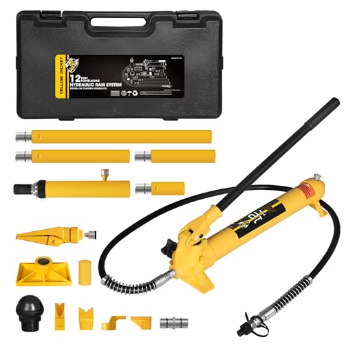 Image of YELLOW JACKET 12 ton Porta Power Kit Hydraulic Ram Jack Pusher Puller Auto Body Frame Repair Tool with Blow Mold Carrying Storage Case for Car Repair,Truck,Farm