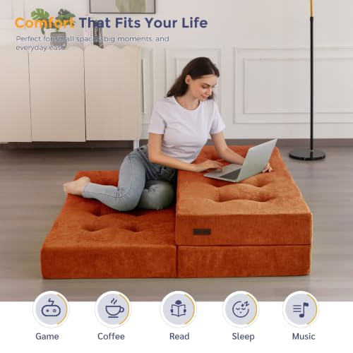 Image of MAXYOYO 6 inch Folding Sofa Bed for Floor, Tufted Tri-Fold Floor Mattress | Twin Size Portable Sofa Couch Guest Mat with Chenille Fabric for Adults, Foldable Topper for Camping, Orange, Twin