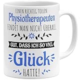 OM3® Physiotherapeut Kaffee-Tasse mit Spruch - Geschenk für Physiotherapeuten Danke Spruch Glück gehabt - Keramik Becher - 325ml - Beidseitig Bedruckt - Weiss