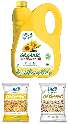 Image of Natureland Organics Sunflower Oil Jar, 5 L & Arhar /Toor Dal Pouch, 1 kg & Kabuli Chana / White Chana / Chole 500 Gm - Organic Healthy Chana