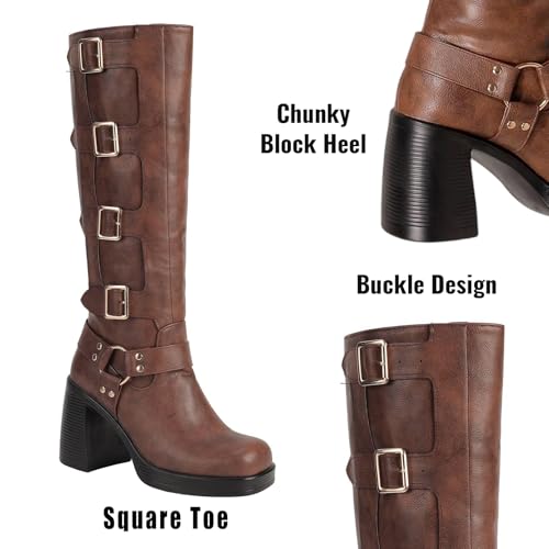 Seborluys Knee High Boots for Women Square Toe Pull On Riding Fashion Buckles Chunky Block Heel Biker Motorcycle Boots4