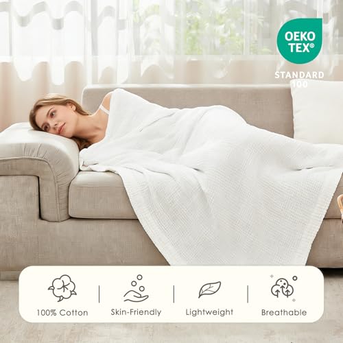 Image of EMME Muslin Blankets for Adults Throw Blanket for Couch Breathable Gauze Soft Lightweight Airy White King 108 inch x 90 inch