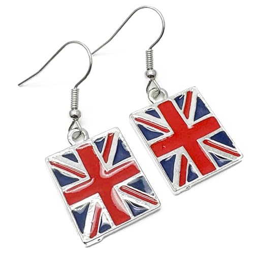 Union Jack Flag Earrings British UK Enamel Charm Beads on Nickel Free Hooks : 39mm long Gift for Brit Lover Fun Great Britain Drop Earrings for Women