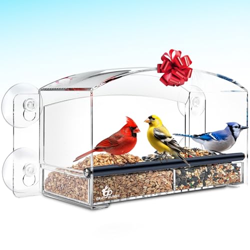 Gray Bunny Window Bird Feeder with Strong Suction Cups, Modern Window Bird Feeders for Outdoors Viewing, Clear Transparent Squirrel Proof Birdfeeder, Drain Holes, Removable Tray, Large Seed Capacity