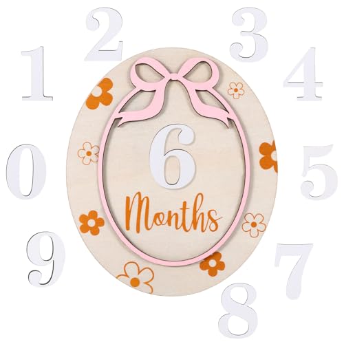 Monthly Baby Milestone Card,Three-Dimensional Wooden Baby Announcement Sign 1-12Months for Newborn Boys and Gilrs,Reversible Photoshoot Props with Gender-Neutral Gift(Bow)