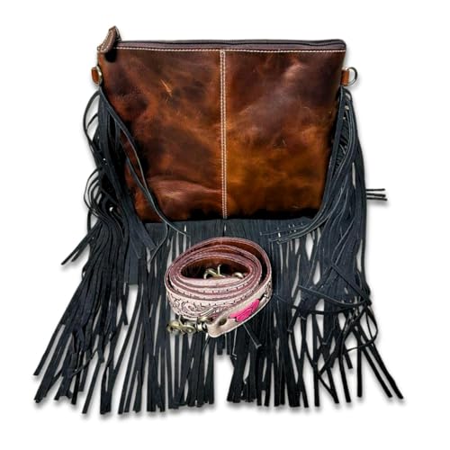 Western Cowgirl Handbag, Cowhide Crossbody Poker Shoulder Bag Purse with Fringes Tooled Leather Brown Messenger Purse2