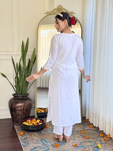 Image of Naixa Women's Viscose Embroidered Straight Kurta with Viscose Pant and Silk Blend Embroidered Laced Dupatta Sets (Available in Plus Size)