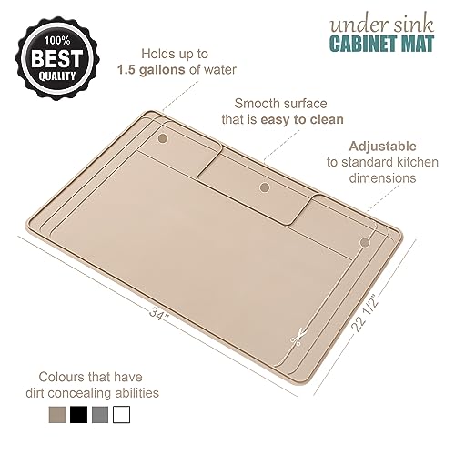 Image of The Original Under Sink Mat - Silicone Waterproof mat, Trimmable, Easy to Clean, Kitchen cabinet liner, Under sink protector mats, Drip Tray with Lip - 34 inch x 22 inch or smaller - Beige