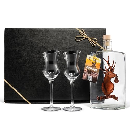 Hornträger Williamsbirne (0,5 l) exklusiv Geschenkset inkl. 2 geschrägten Obstbrand-Gläsern für Männer, Jäger & Sammler