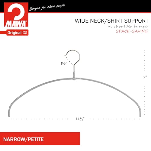Mawa Narrow Petite Clothing Hangers, Steel Hanger with Non-Slip Coating, for Shirts, Dresses, Camisoles, T-Shirts, Space-Saving, 360-degree Rotatable Hook, Set of 20, Silver
