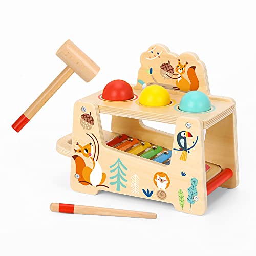 Image of TOOKYLAND Pound a Ball Toy - 7pcs - Wooden Pounding and Hammering Bench with Xylophone; Educational Ball Drop Tap Game for Toddlers 1 Year Old +