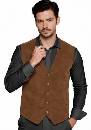 Men's Cowboy Suede Suit Vest Single Breasted Vintage Formal Faux Leather Waistcoat4