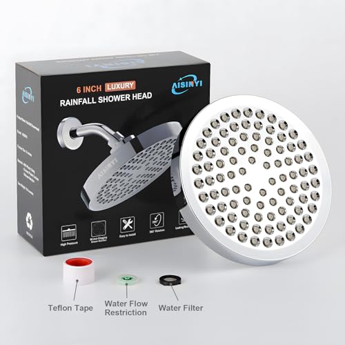 AISINYI High Pressure Rainfall Shower Head, 6 Inches Luxury Modern Showerhead with Perfect Adjustable Replacement, Removable Restrictor, Easy Installation for Your Bathroom Shower Heads(Chrome Plated)