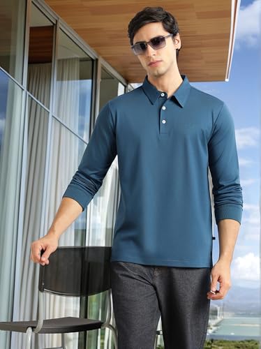 Image of Thomas Scott Men's Regular Fit Polo Performance T-Shirt | Viscose Rayon Fabric | Solid Knitted Polo Collar | Long Sleeves | Soft, Breathable & Comfortable Casual Wear for Men