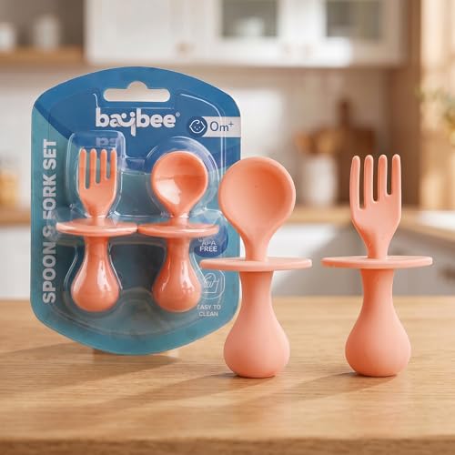 Image of Baybee 100% Silicone Baby Feeding Spoons Set of 2 | Bpa Free- Food Grade Soft Silicone Tip Spoon & Fork Self Feeding Utensil | Baby & Toddlers Gum Friendly Weaning Supplies for Kids 1 Months+ (Pink)