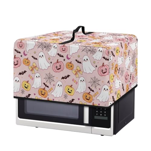 Image of Microwave Oven Dustproof Cover Machine Washable Convection Oven Cover Protector for Halloween Kitchen Party Decor, S, Cartoon Ghost Pumpkin Bat Print Pink