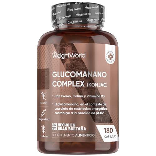 Glucomanano Complex - 180 Cápsulas con Colina, Cromo, Vitamina B3 y D3 - Suplemento de Fibra Soluble de Raíz de Konjac, Sin OGM, Sin Conservates y Fácil de Tragar