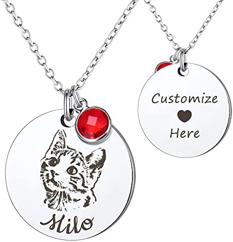 Anavia Personalized Pet Portrait Necklace, 12 Month of Birthstone Charm Options, Handmade Photo Custom Pet Memorial Jewelry Gift for Women Girls, Round Disc Coin Necklace for Dog Cat Lovers