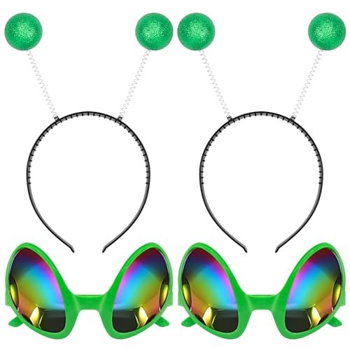 Cheerin Green Alien Headbands and Glasses Martian Antenna Headbands Glitter Ball Head Boppers Space Theme Costume Accessories (2 Pack)