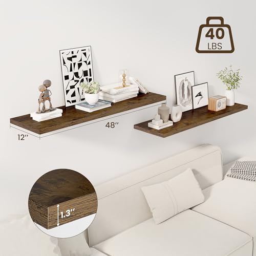 Image of Dreamland 48 inch Floating Shelves for Wall, 12 inch Deep Slim Rustic Brown Floating Shelves,Wall-Mounted Shelves for Bedroom, Living Room, Kitchen, Bathroom - Set of 2