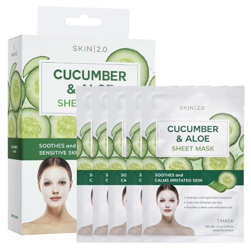 Image of Skin 2.0 Cucumber & Aloe Face Mask - Dermatologist Tested, Anti Aging, Korean Skin Care - Hydrating, Moisturizing, Cooling & Calming For Sensitive, Supple Skin - Vegan, Clean Beauty - 5 Count