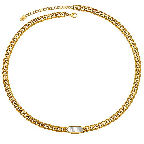 TRIPOD JEWELRY Womens Italian 6mm Cuban Link Chain Choker with White Mother-of-pearl Shell, 18K Real Gold Plated 316L Stainless Steel Diamond-Cut Curb Necklace.(Custom Box and Pouch Packing for Gift)